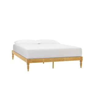 Natural Finish Queen Platform Bed, Wooden King Size Bed Frame No Headboard