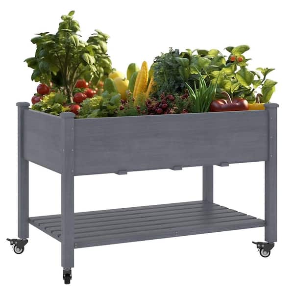 47 in. W x 23 in. D x 33 in. H Gray Cedar Raised Garden Bed with Lockable Wheels, Shelf and Liner