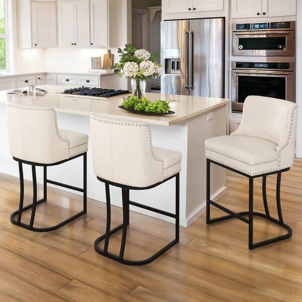 Aurora 26 in. Ivory Faux Leather Upholstered Counter Height Bar Stool with Double Cushion Counter Stool Set of 2