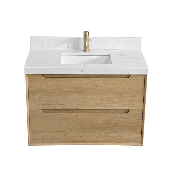 AuroraSky 36 in. Single Sink Floating Bath Vanity in Natural Oak with White Engineered Stone Top (Assembled)