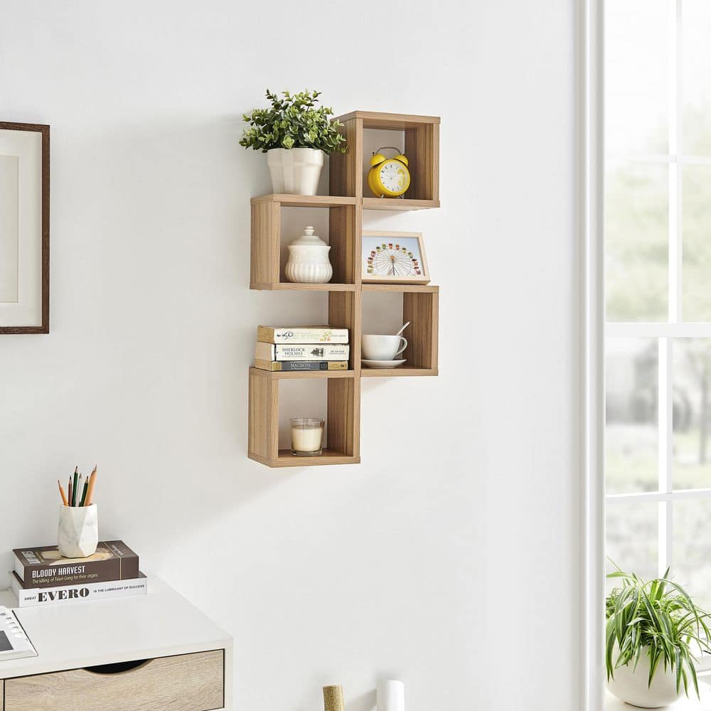 Chestnut Light Wood Floating Wall Shelf with Cubby Holes