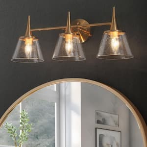 Modern Plated Brass Bathroom Vanity Light 22.5 in. 3-Light Powder Room Wall Sconce with Bell Clear Seeded Glass Shades