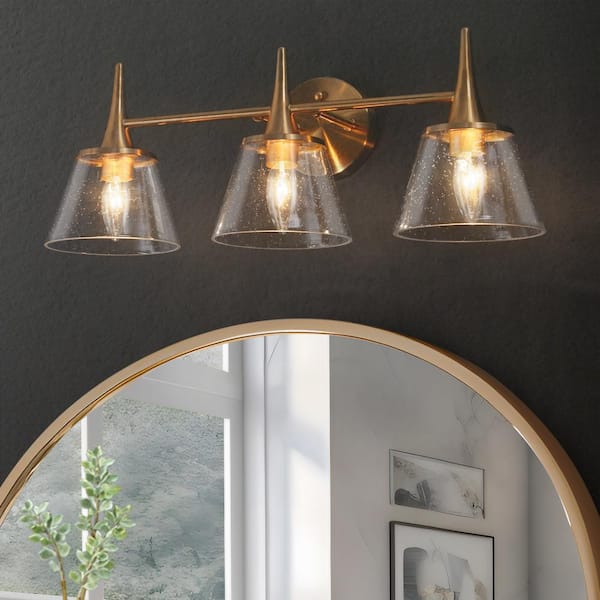 LNC Modern Plated Brass Bathroom Vanity Light 22.5 in. 3-Light Powder Room Wall Sconce with Bell Clear Seeded Glass Shades