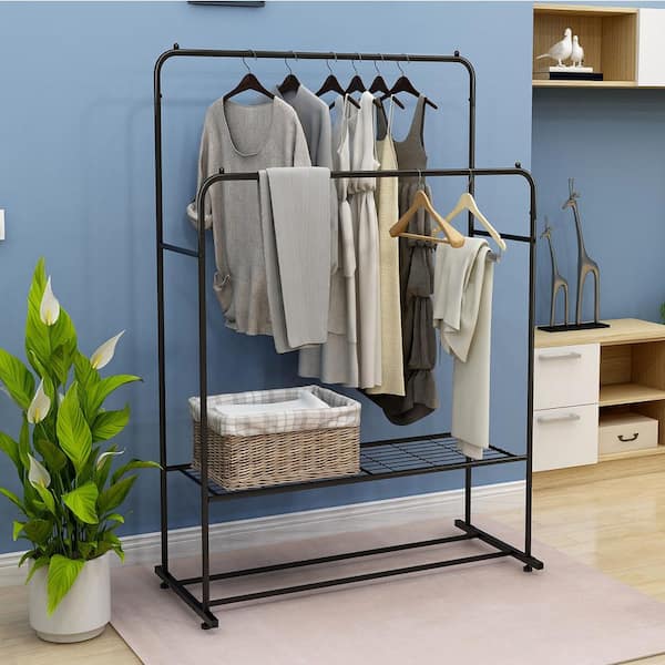 Double Rod Clothing Garment Rack,Rolling Hanging Clothes Rack,Portable  Clothes Organizer for Bedroom,Living Room,Clothing Store,Black