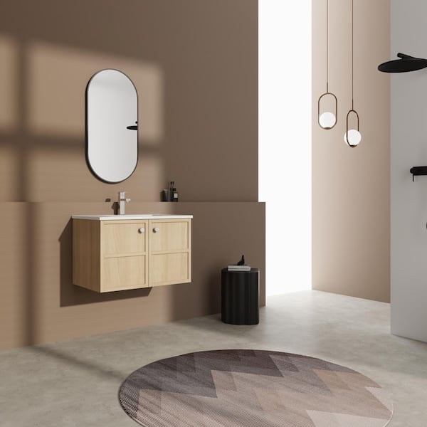 Gavino 30 in. W x 18.13 in. D Single Sink Floating Original Oak Bath Vanity with White Ceramic Top Unassembled