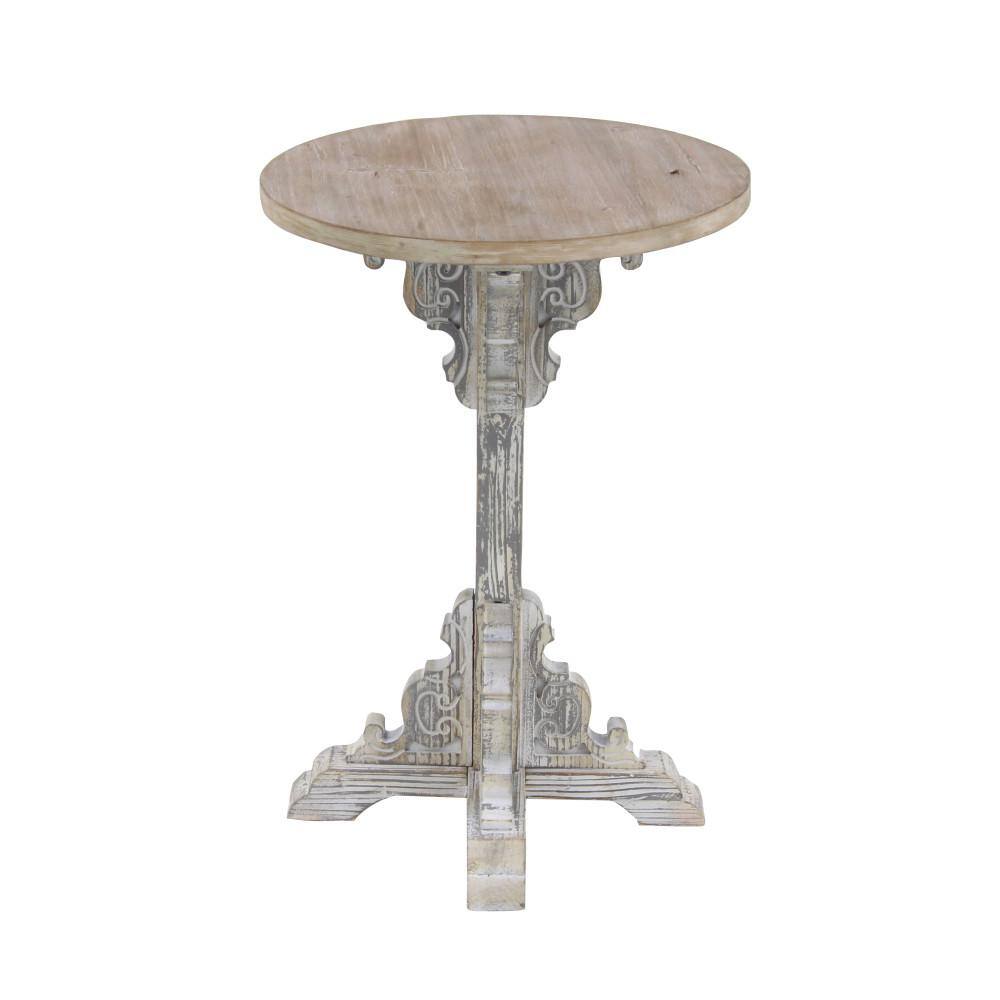 Litton Lane 15 in. Gray Round Wood Intricately Carved Scroll End Table with Brown Top 42930