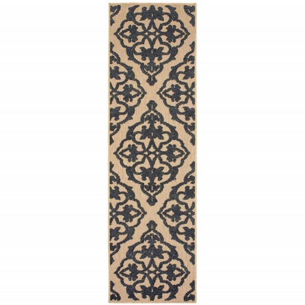 Beige, Black 2 ft. x 8 ft. Loomed Oriental Polypropylene Rectangle Indoor/Outdoor Area Rug