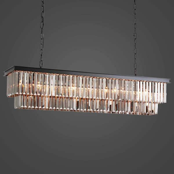 47 in. 8-Light Black and Smoke Crystal Chandelier Modern Dining Room Pendant Lighting