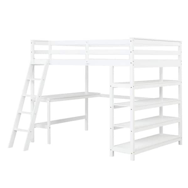 ANBAZAR White Full Size High Loft Bed, Study Kids Loft Bed, Loft Bed with Under-Bed Desk, Storage Shelves, Inclined Ladder