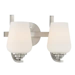 Shyloh 13.5 in. 2-Light Brushed Nickel Vanity Light with Etched Opal Glass Shades