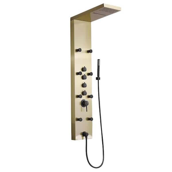 BWE 8-Jet Rainfall Shower Tower Shower Panel System with Rainfall Waterfall Shower Head and Shower Wand in Black Gold