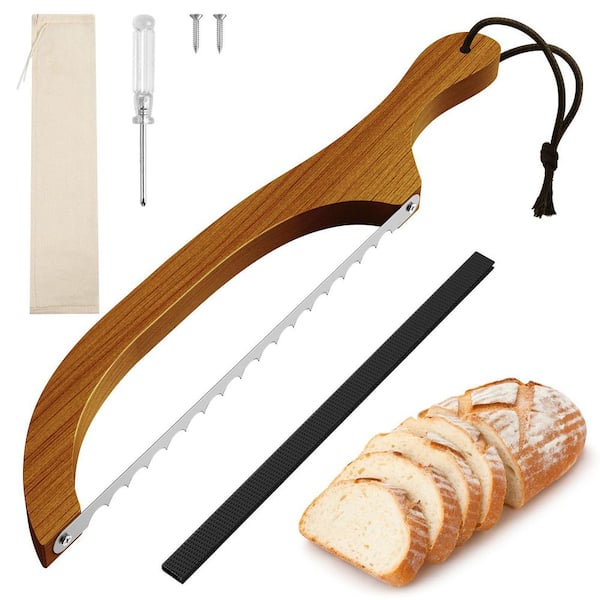 16 in. Serrated Stainless Steel Blade Bow Bread Knife with Walnut Handle for Sourdough, Bagels, Baguettes