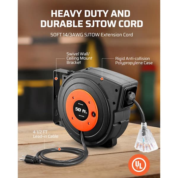 Heavy Duty 25 ft. 16/3 SJTW 13 Amp Retractable Hand Wind Extension Cord Reel with 4 Power Outlets and 2-USB Ports