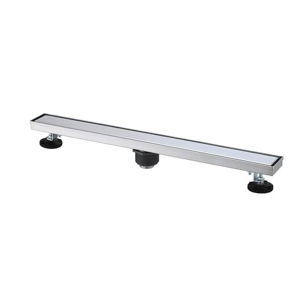 30 in. Linear Floor Stainless Steel Shower Drain with Hair Strainer and Leveling Feet in Brushed Nickel