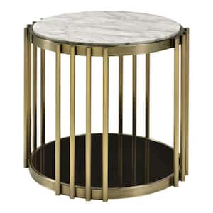 25.6 in. White, Black and Antique Gold Brass Round Faux Marble End Table with Steel Frame