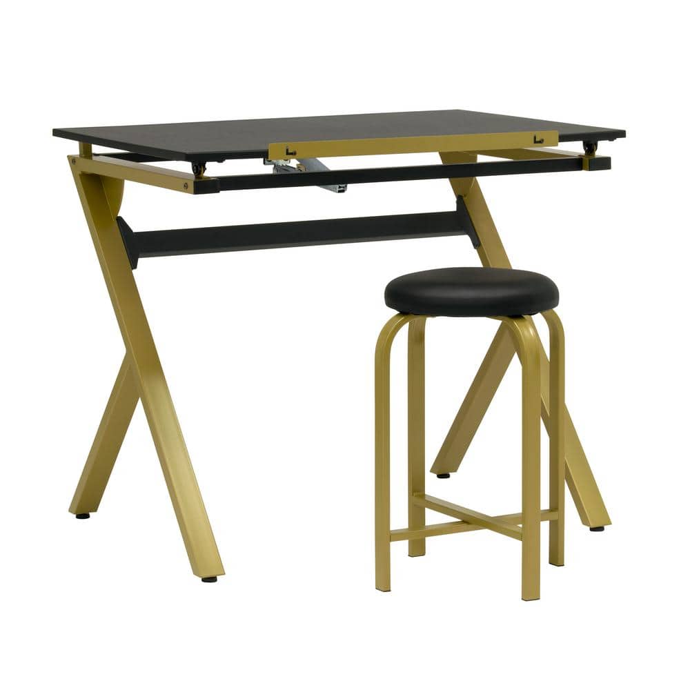 Stellar 36" Black and Gold Adjustable Drawing Table with Padded Stool