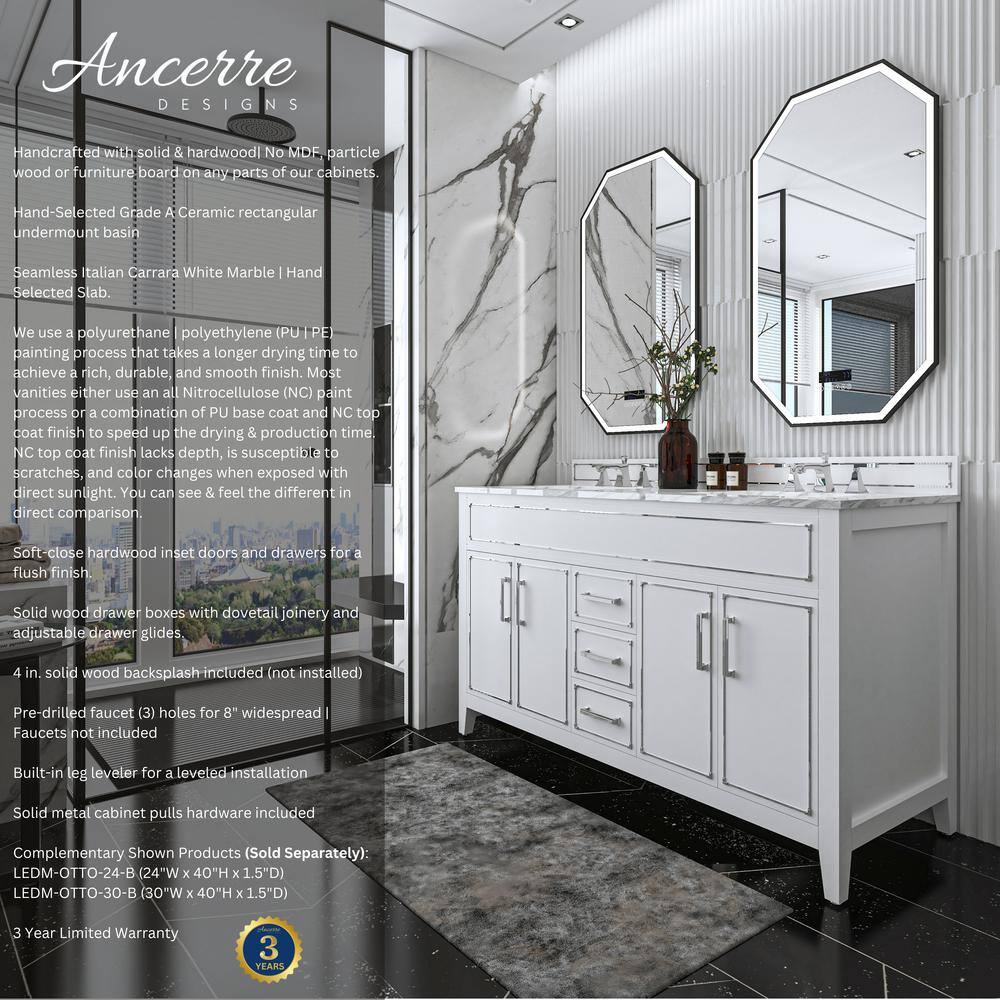 Aspen 60'' White Double Sink Bathroom Vanity with Marble Top