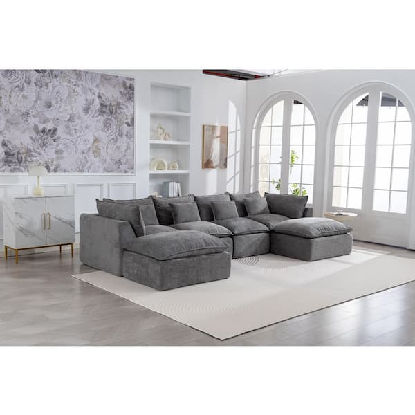Hazel 129.8 in. 6-Piece Cotton Modular Cloud Sectional Sofa in Antique Grey with 2 Ottomans, Full Compressed Sofa