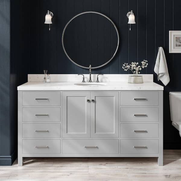 ARIEL Cambridge 66 in. W x 22 in. D x 36 in. H Single Oval Sink Bath Vanity in Grey with Carrara White Quartz Top