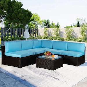 6-Piece Wicker Patio Conversation Set with Blue Cushions