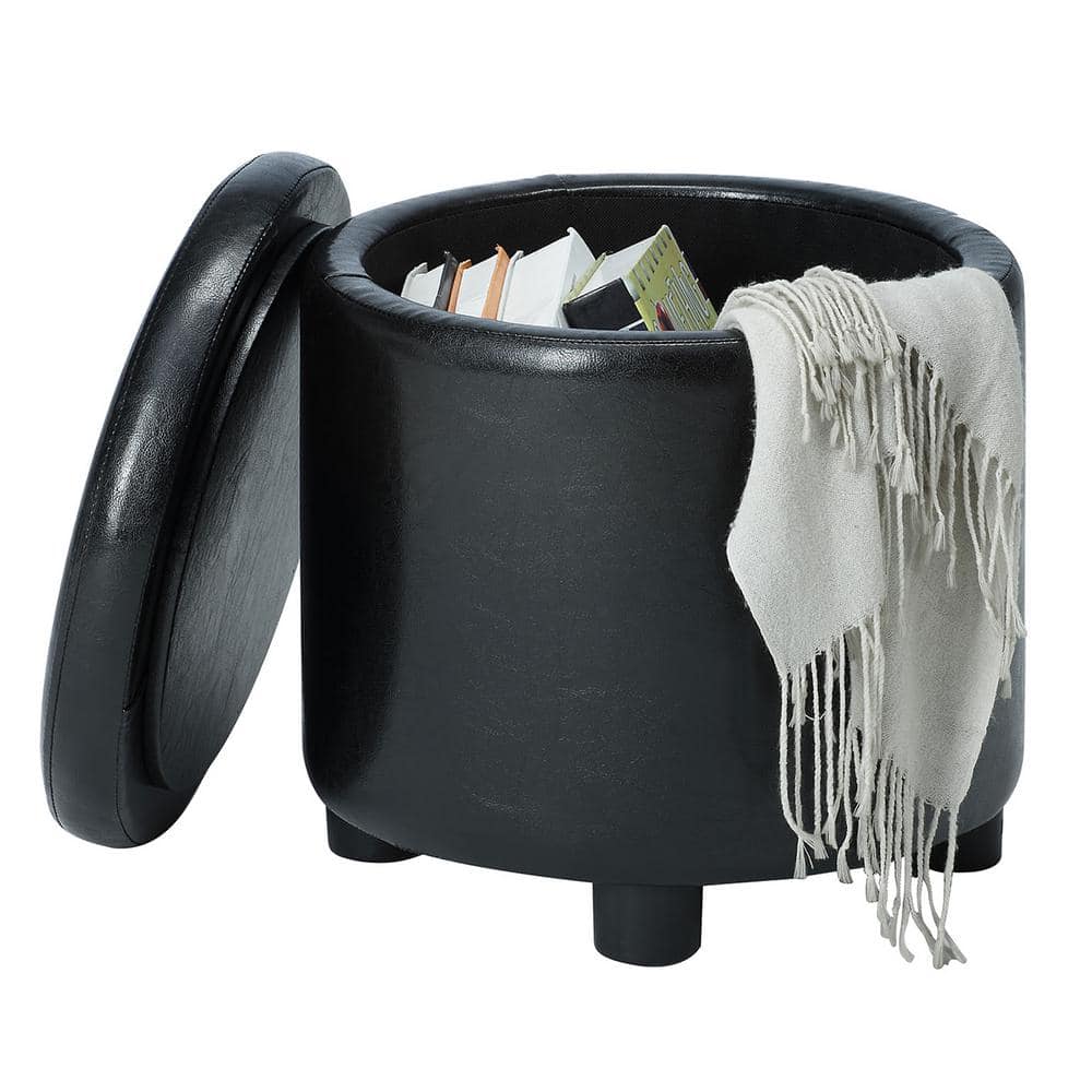 16" Round Black Faux Leather Ottoman with Reversible Tray