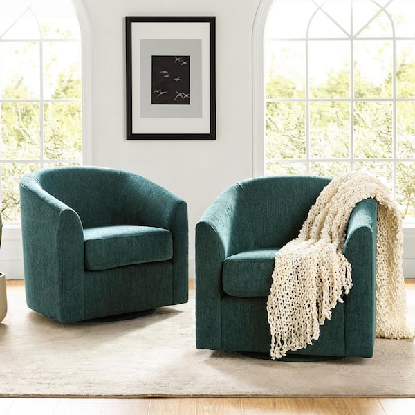 ARTFUL LIVING DESIGN Antonia Teal Fabric Barrel Chair with Metal Swivel Base (Set of 2)