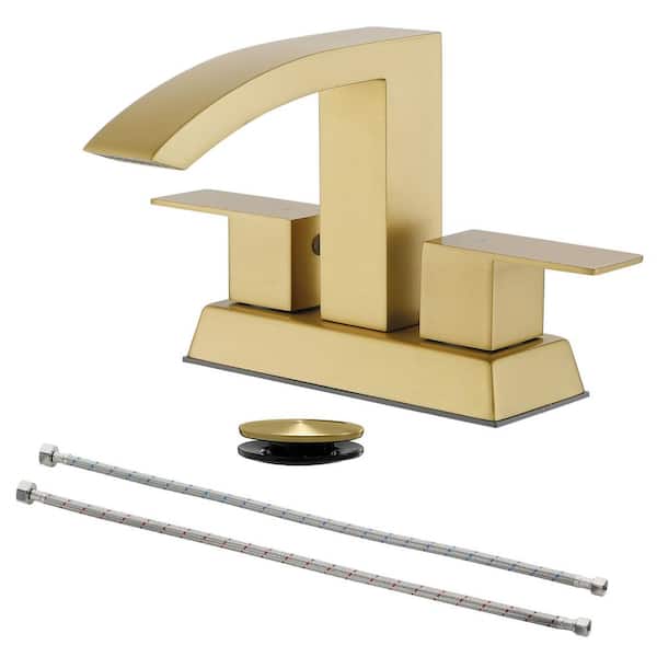 FLG 4 in. Centerset Double Handle Waterfall Bathroom Faucet with Pop-up Drain Brass Sink Basin Vanity Taps in Brushed Gold