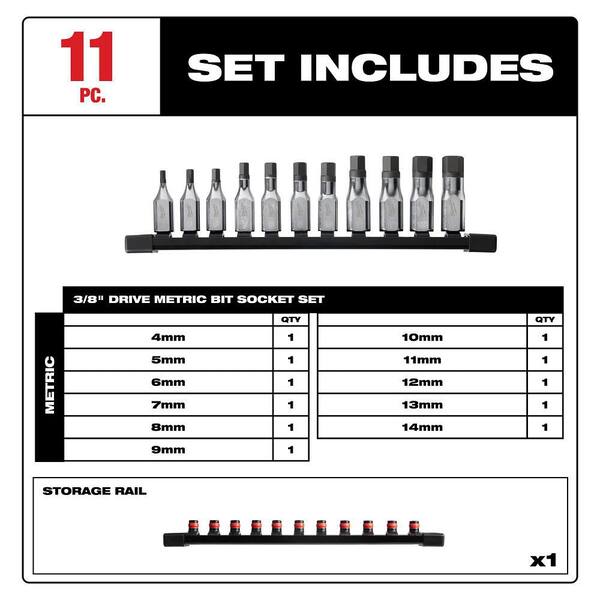 thumbnail image 2 of Milwaukee 48-22-9543 3/8 Inch Drive Hex Bit Socket Set – Metric, 11 Piece, S2 Steel 2 of 3