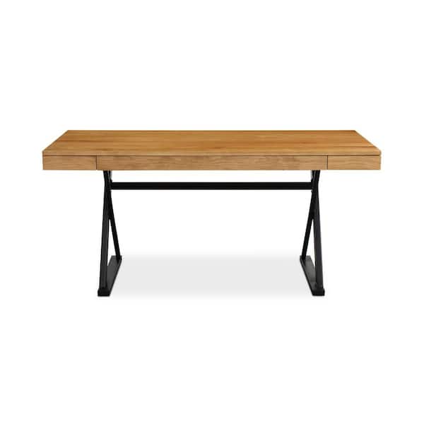 Fynn 63 in. Rectangular Natural Solid White Oak Desk with 3-Drawer Storage and Sculptural Steel Trestle Base