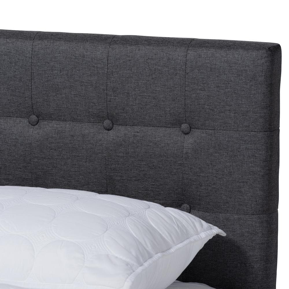 Queen Walnut Wood Platform Bed with Gray Tufted Upholstered Headboard