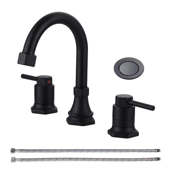 8 in. Widespread Double Handle Bathroom Faucet with Pop-up Drain Kit in Matte Black