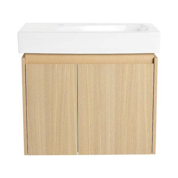 14 in. W x 24 in. D x 21 in. H 1-Sink Wall Mounted Bath Vanity in Oak with White Resin Top