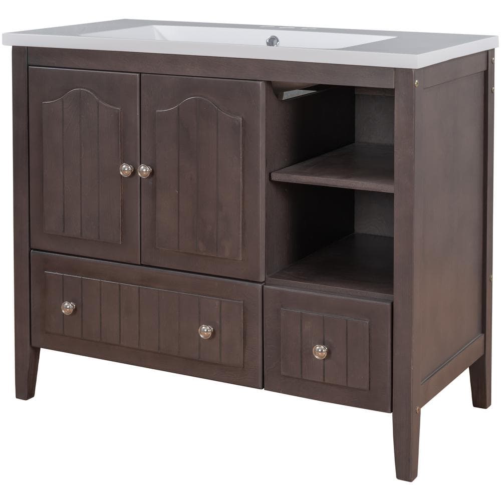 36 in. W x 18.03 in. D x 32.13 in. H Bath Vanity in Brown w/White Ceramic T