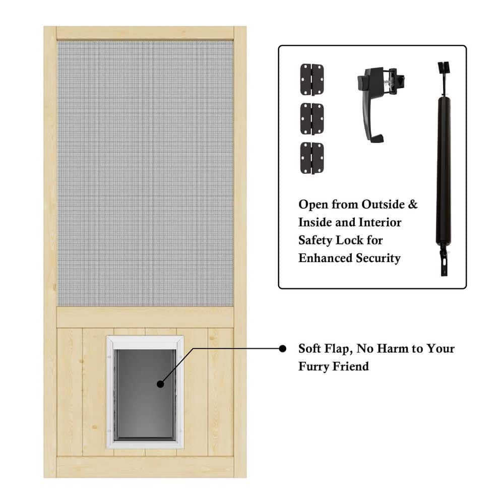 36in. x 80in. Universal Unfinished Pine Screen Door with Pet Access, Lock and Door Closer-Gauze Mesh Hinged Rustic Style