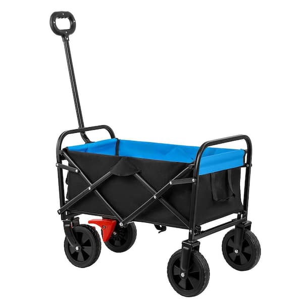 JimsMaison 1.8 cu. ft. Blue Black Metal Mini Folding Garden Cart with Two Brakes and Tow Cup Holders