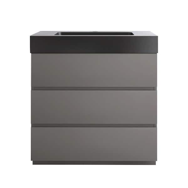 JimsMaison 36 in. W x 18 in. D x 37 in. H Freestanding Bath Vanity in Grey with Black Solid Surface Top