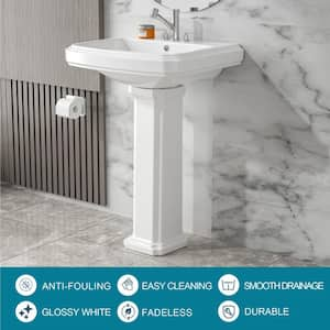 Combo Sink 19.25 in. D x 23 in. W Rectangular White Vitreous China Pedestal Bathroom Sink with Overflow 3 Faucet Holes