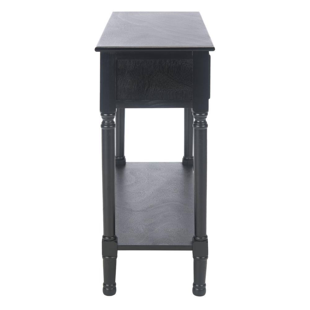 Elegant Black Metal and Wood Console Table with Carved Storage Drawers