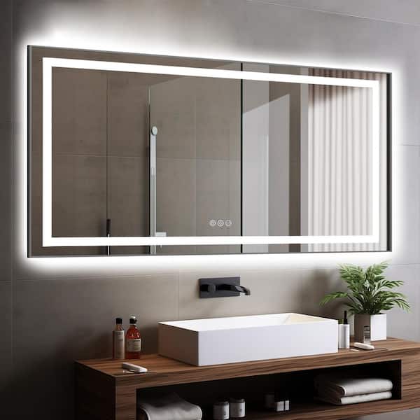 55 in. W x 30 in. H Rectangular Aluminum Framed Backlit and Front Light LED Wall Bathroom Vanity Mirror in Gun Grey