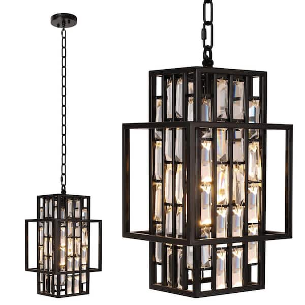 15'' Modern Black Metal Pendant Light with Crystal, Hanging Lantern Adjustable Chain for Porch Doorway (Bulb included)