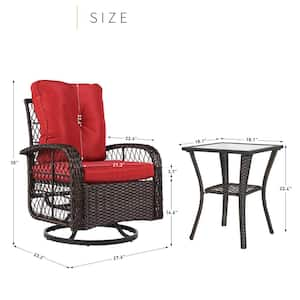 3-Piece Brown Wicker Outdoor Rocking Chair Set Outdoor Swivel Chairs with Red Cushions