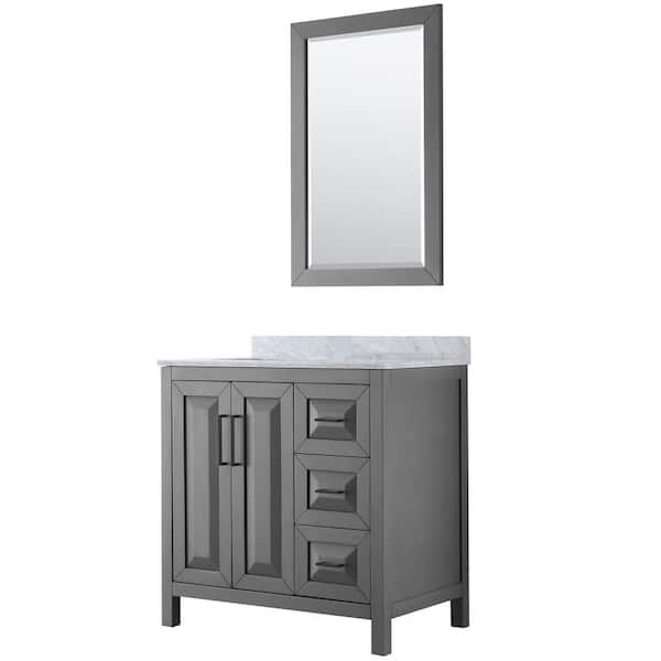 Wyndham Collection Daria 36 in. W x 22 in. D x 35.75 in. H Single Bath Vanity in Dark Gray with White Carrara Marble Top and 24 in. Mirror