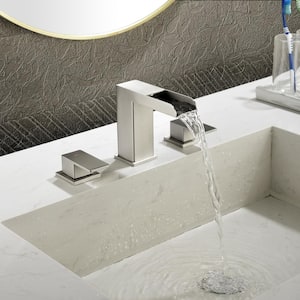 8 in. Widespread Double Handle Waterfall Bathroom Faucet with Deckplate and Drain in Brushed Nickel