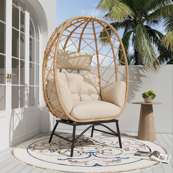 Patio Wicker Indoor/Outdoor Egg Lounge Chair with Remove Beige Cushions