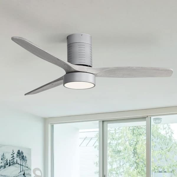 52 in. LED Indoor/Outdoor Flush Mount Silver Ceiling Fan with Grey Wood Blades, 6-Speed DC Remote Control
