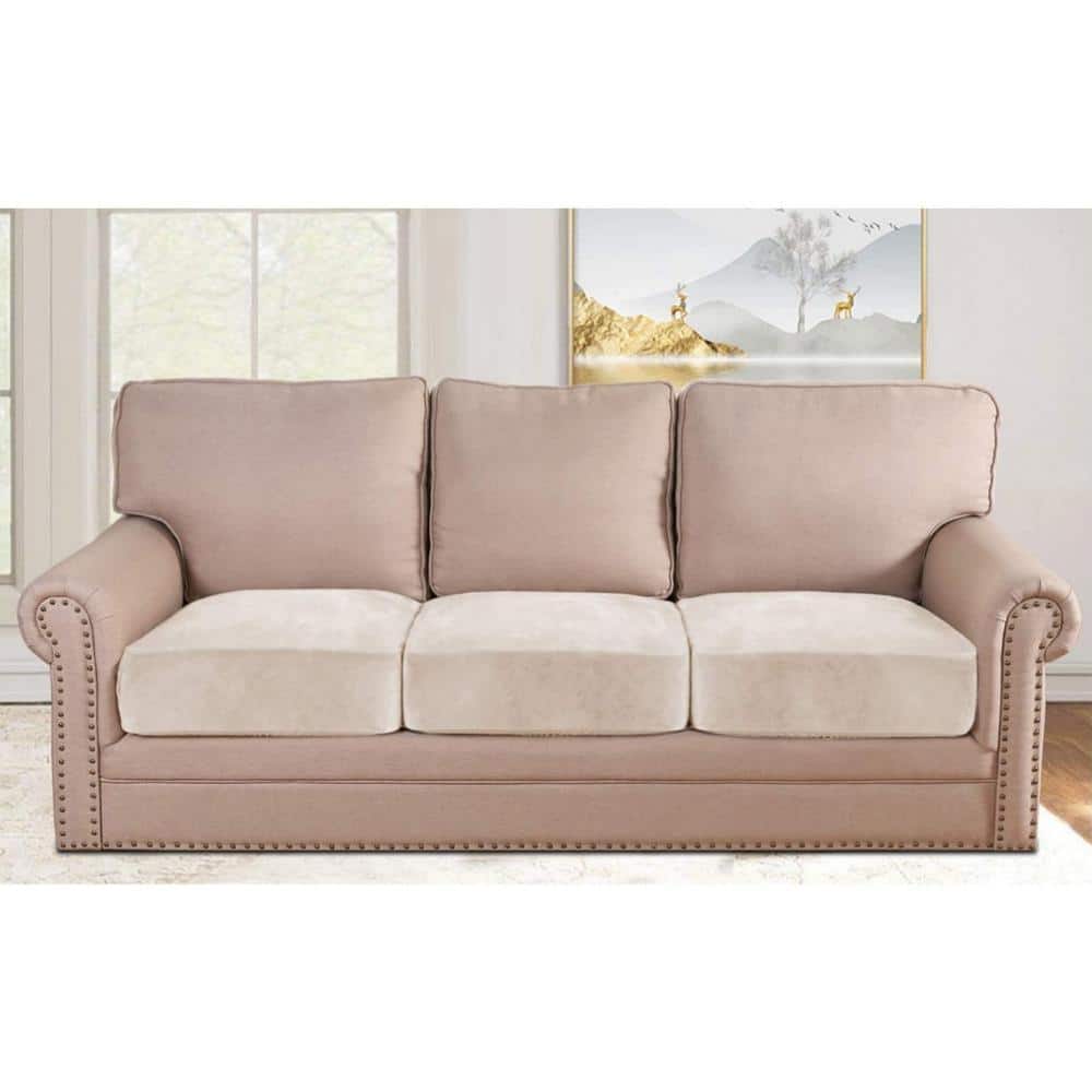 Angel Sar Ivory 3-Piece Velvet Stretch Sofa Cushion Covers, Plush