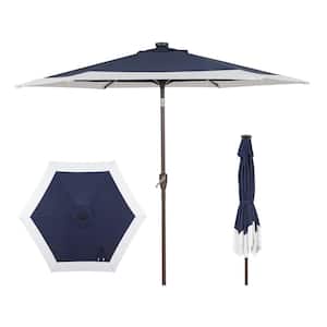 Spencer 9 ft. 2-Tone Solar LED Market Patio Umbrella with 12 LED Strip Lights, Auto-Tilt, and Crank in Navy/White