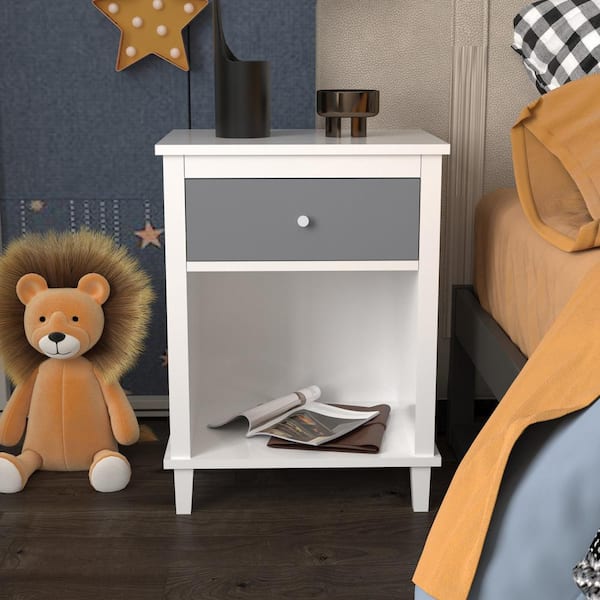 Tatahance White-Gray Wooden 1-Drawer Nightstand with Open Shelf