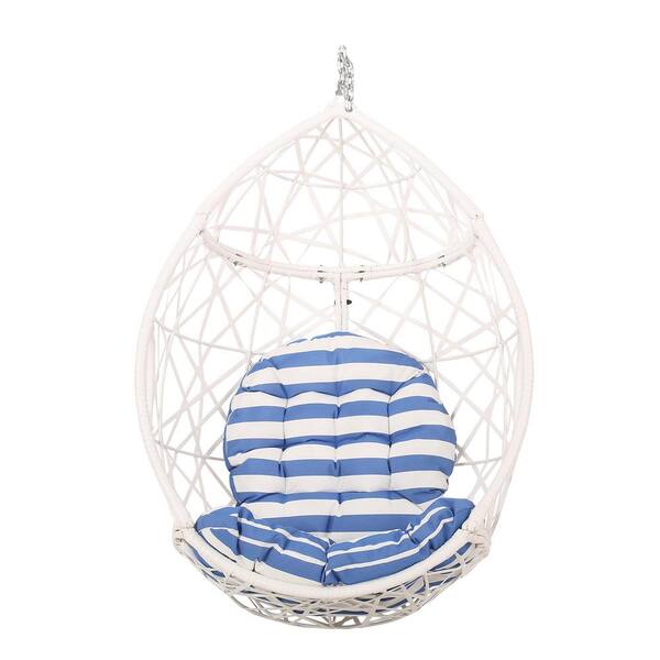 JimsMaison 1-Person Wicker Egg Swing with Blue Cushions