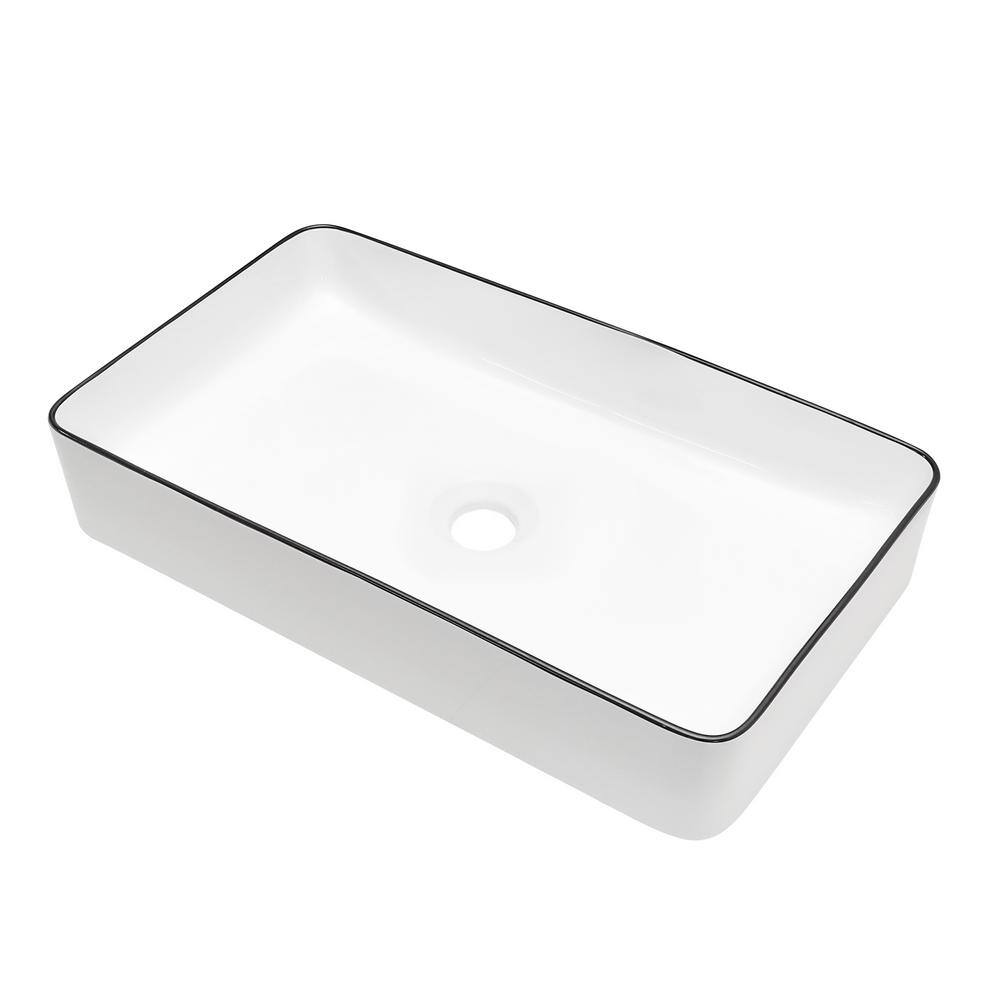 24 x 14 Inch White Ceramic Rectangular Vessel Sink with Black Rim